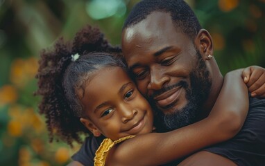 Fototapeta premium A smiling African American father with a beard and glasses hugs his young daughter in a tender embrace, surrounded by a green and yellow blurred background
