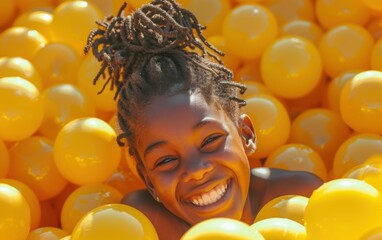 A young African American girl with braids smiles brightly as she plays in a yellow ball pit