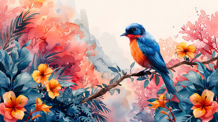 Fototapeta premium Colorful bird perched on a branch amid vibrant flowers and foliage in a beautiful artistic setting.