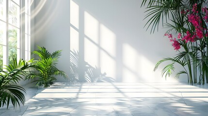 Sunlit Minimalist Room with Lush Greenery and Pink Flowers