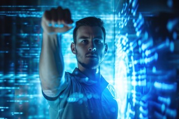 Man interacting with futuristic digital interface