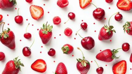 Fresh ripe colorful fruits assorted with rich vitamin nutrition healthy food for background. red fruits on white background, AI generated
