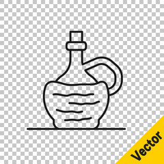 Black line Wine in italian fiasco bottle icon isolated on transparent background. Wine bottle in a rattan stand. Vector