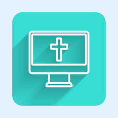White line Christian cross on monitor icon isolated with long shadow background. Church cross. Green square button. Vector