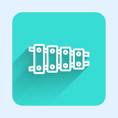 White line Xylophone - musical instrument with thirteen wooden bars and two percussion mallets icon isolated with long shadow background. Green square button. Vector