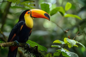 Naklejka premium Vibrant Toucan Perched in Lush Tropical Rainforest