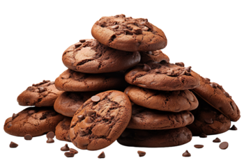 A Towering Stack of Freshly Baked Double Chocolate Chip Cookies on a White or Clear Surface PNG Transparent Background.