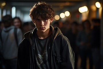 Fototapeta premium Portrait of a young handsome man with a backpack standing in an underground passage.