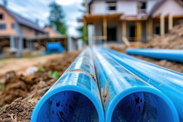 Construction site essentials: blue pvc pipes for installing new water system in house