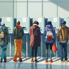 A depiction of a diverse group of citizens casting their ballots in a modern polling station, reflecting the democratic process.
