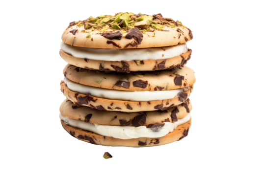 A Stack of Pistachio and Chocolate Chip Cookies With Creamy Filling on a White or Clear Surface PNG Transparent Background.