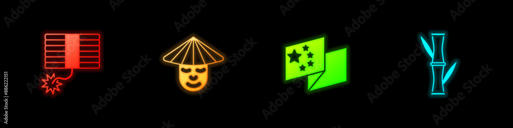 Sticker set firework, chinese man, china flag and bamboo icon. vector