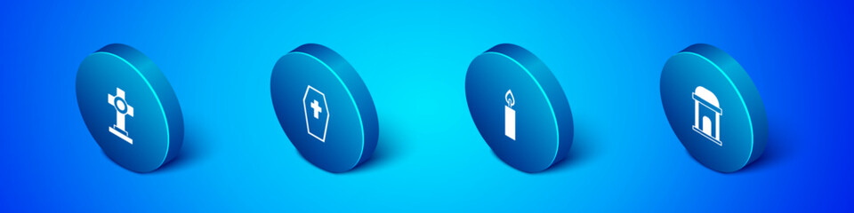 Set Isometric Grave with cross, Burning candle, Old crypt and Coffin icon. Vector