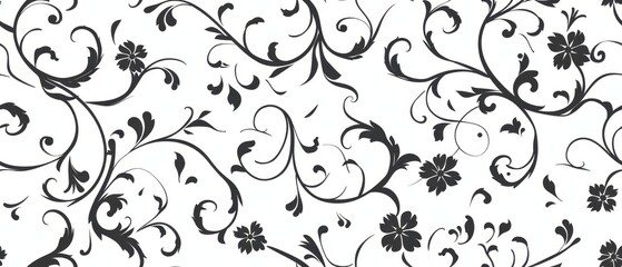 Seamless black floral pattern on white background featuring elegant swirls and flowers. Ideal for fabric, wallpaper, or decorative design.