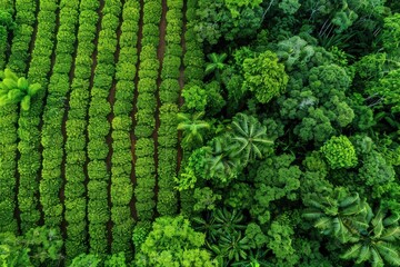Bird's eye perspective of yerba mate farming in lush jungle. Eco-friendly innovation. Irigoyen, misiones, argentina. High-quality aerial footage