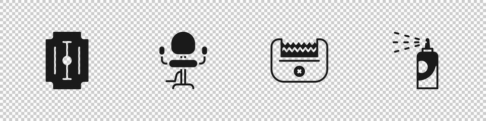Set Blade razor, Barbershop chair, Electrical clipper and Spray can for hairspray icon. Vector