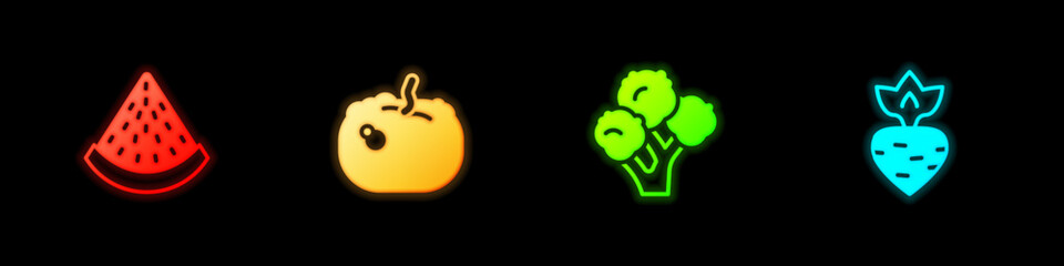 Set Watermelon, Pumpkin, Broccoli and Turnip icon. Vector