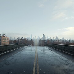 A detailed 3D render of a city seen from a bridge