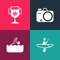 Set pop art Kayak and paddle, Swimmer, Photo camera and Award cup icon. Vector