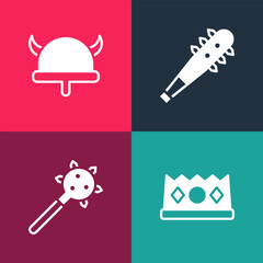 Set pop art King crown, Mace with spikes, and Viking horned helmet icon. Vector
