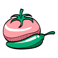 Tomato and pepper halftone icon hand drawn color vector illustration