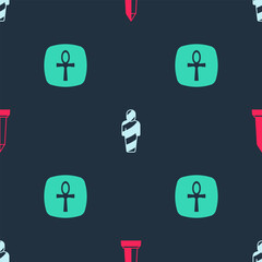 Set Obelisk of Alexandria, Egypt mummy and Cross ankh on seamless pattern. Vector