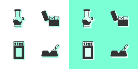 Set Ashtray with cigarette, Bong, Matchbox and matches and Lighter icon. Vector