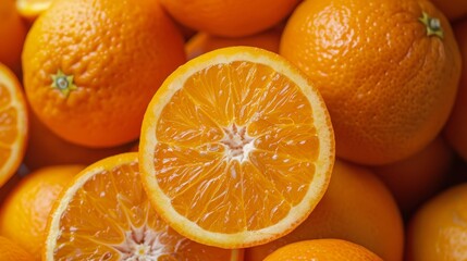 Background: orange slices The bright orange color stands out against a clean, simple backdrop. Emphasis is placed on the natural texture of the fruit and its spherical shape.