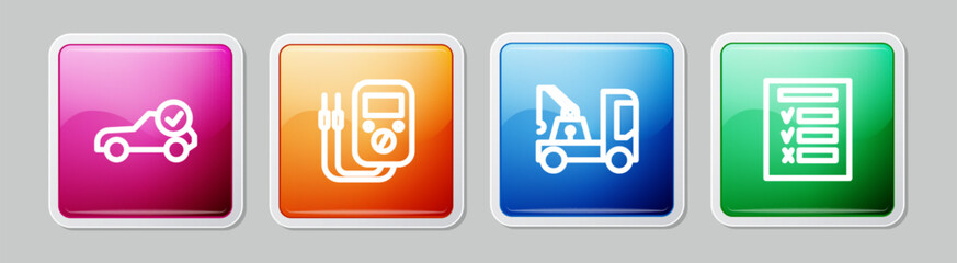 Set line Auto service check automotive, Multimeter, Tow truck and Car inspection. Colorful square button. Vector