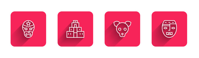 Set line Mexican wrestler, Chichen Itza in Mayan, Dog and Aztec mask with long shadow. Red square button. Vector