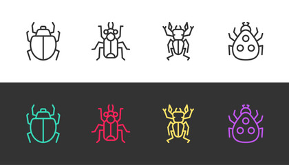 Set line Mite, Beetle bug, deer and Ladybug on black and white. Vector
