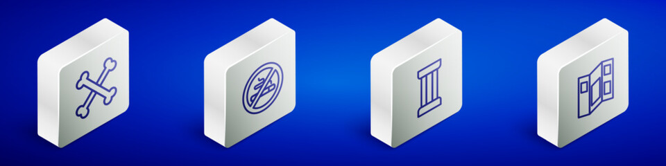 Set Isometric line Crossed human bones, No Smoking, Ancient column and Museum guide brochure icon. Vector