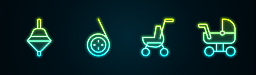 Set line Whirligig toy, Yoyo, Baby stroller and . Glowing neon icon. Vector