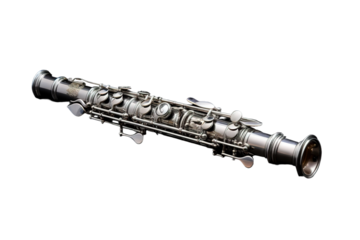 A Silver Clarinet Rests in Silence, Waiting for the Maestro's Cue on a White or Clear Surface PNG Transparent Background.