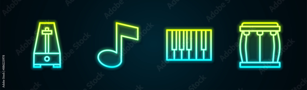 Wall mural set line metronome with pendulum, music note, tone, grand piano and drum. glowing neon icon. vector