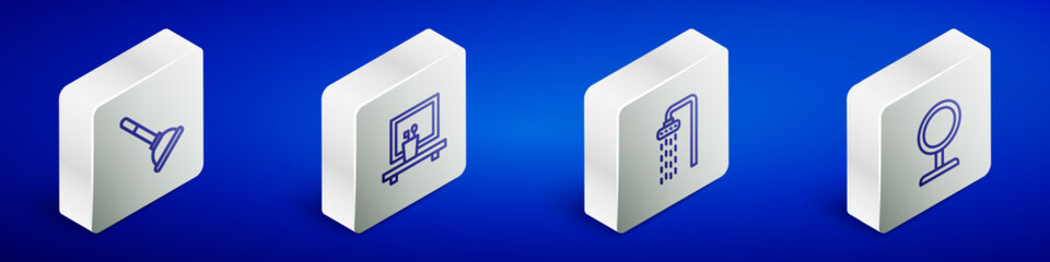 Set Isometric line Rubber plunger, Washbasin mirror, Shower and Round makeup icon. Vector