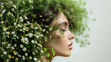 woman with grass and flowers in her hair, head tilted back, white background, conveying tranquility and peace with nature