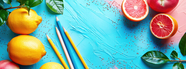 Colorful school supplies on blue background