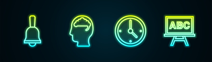 Set line Ringing bell, Human brain, Clock and Chalkboard. Glowing neon icon. Vector