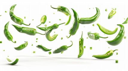 Obraz premium Isolated red chili peppers cut up on a white background. Fresh red chilies on a white background. red chili peppers, fresh red chilies, chili peppers isolated, red chilies on white background,