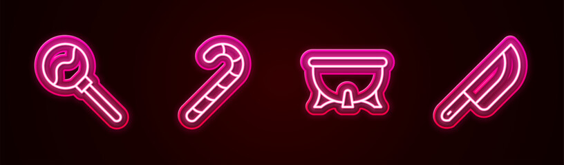 Set line Lollipop, Christmas candy cane, Halloween witch cauldron and Knife. Glowing neon icon. Vector