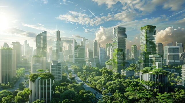 Innovative sustainable urban landscape concept integrating green architecture and Eco friendly futuristic planning for a modern cityscape. Image of green city. copy space for text.