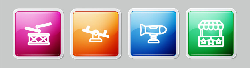 Set line Drum with drum sticks, Seesaw, Swing plane and Ticket box office. Colorful square button. Vector