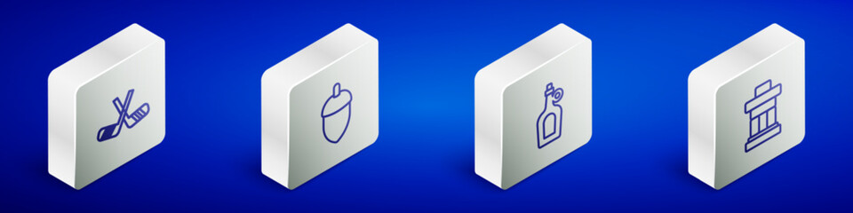Set Isometric line Ice hockey sticks, Acorn, Bottle of maple syrup and Inukshuk icon. Vector