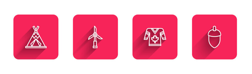 Set line Indian teepee or wigwam, Wind turbine, Hockey jersey and Acorn with long shadow. Red square button. Vector