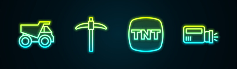 Set line Mining dump truck, Pickaxe, Dynamite and Flashlight. Glowing neon icon. Vector