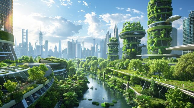Innovative sustainable urban landscape concept integrating green architecture and Eco friendly futuristic planning for a modern cityscape. Image of green city. copy space for text.