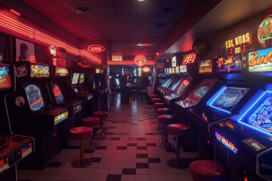 Rows of classic arcade games with flashing neon lights in a retro arcade setting
