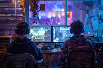 Two gamers playing a video game late at night