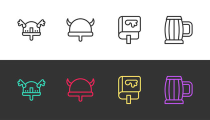 Set line Viking in horned helmet, book and Wooden beer mug on black and white. Vector